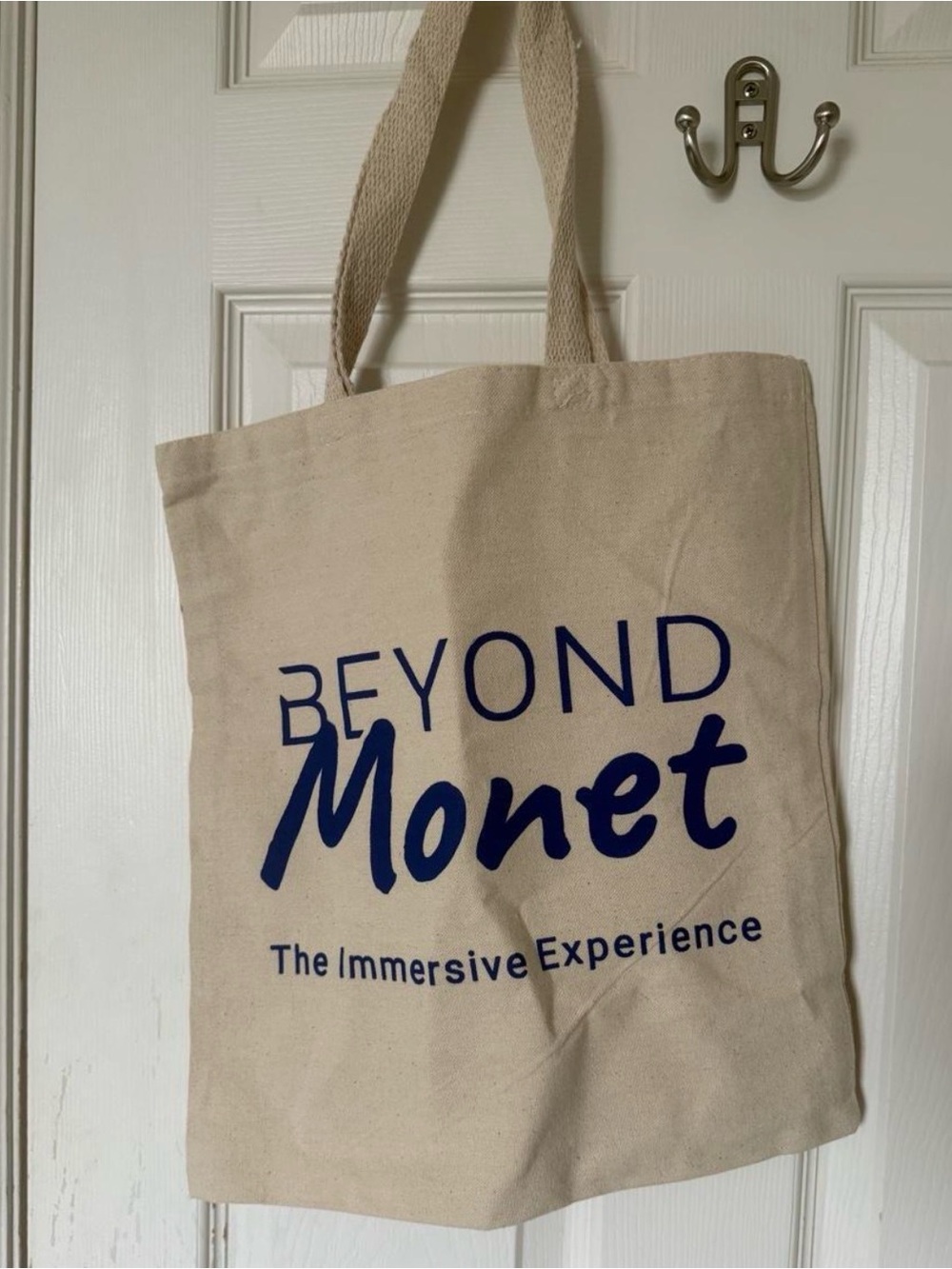 Beyond Monet Canvas Tote Bag in Natural with Navy Print